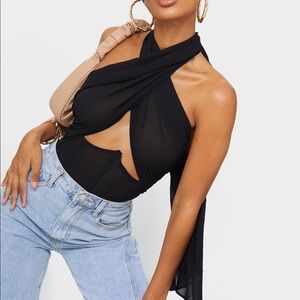 BLACK CHIFFON HALTER-NECK CORSET BODYSUIT- PLT